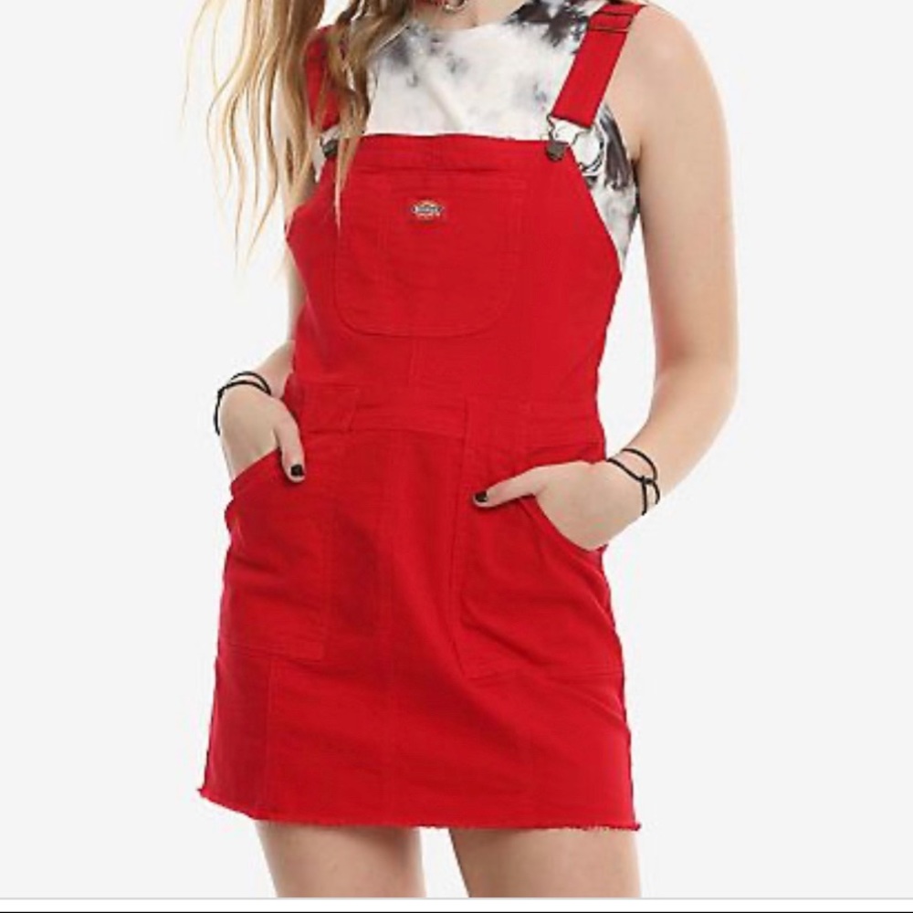 Bare used red Dickies Overall mini dress jean